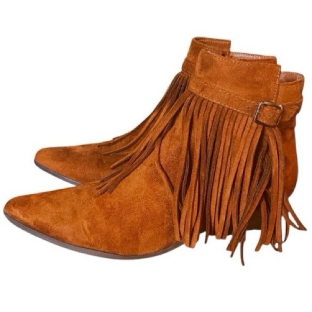 C Label Chestnut Brown Suede Fringe Zip Ankle Boot Women’s Size 6.5 - Picture 4 of 7